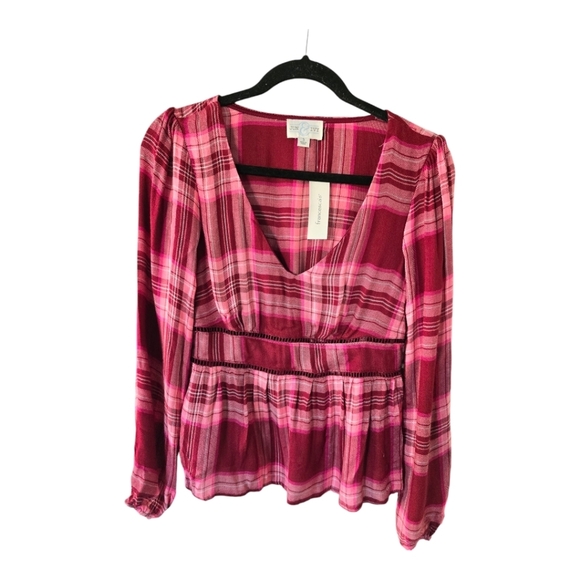 Francesca's Blouse Women Sz S Plaid Long Sleeves Pleated Colorful Peasant - Picture 1 of 10